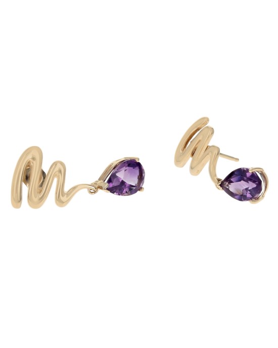 Amethyst Squiggle Dangle Earrings in Yellow Gold